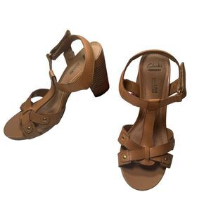 Clarks Collection Heel Sandal Women Leather Sling Back Open Toe TStrap 7.5 M